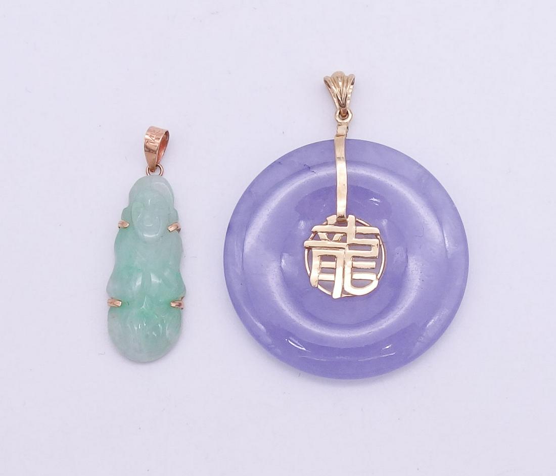 Vintage Chinese 14K Gold Carved Green Jade and Lavender Jadeite Pendants (1 of 3)
