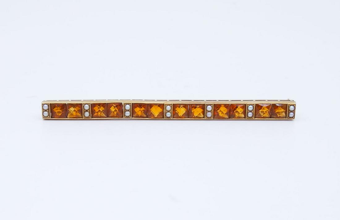 Antique Edwardian 14K Gold Citrine Seed Pearl Bar Pin Brooch: This is an antique Edwardian 14K gold bar pin brooch featuring citrine gemstones and seed pearls. It is 2 1/2" x 3/16" and it weighs 4.3g. The citrine stones are each about 4 x 3.2mm.