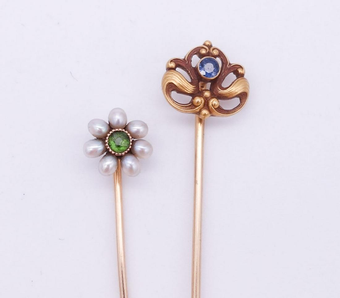 Antique Lot Two 14K Gold Stick Pins incl Pearls Jewels (1 of 4)