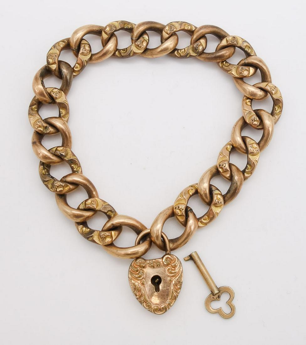 Antique Gold GF Heavy Chain Bracelet w Heart Padlock and Key (1 of 2)