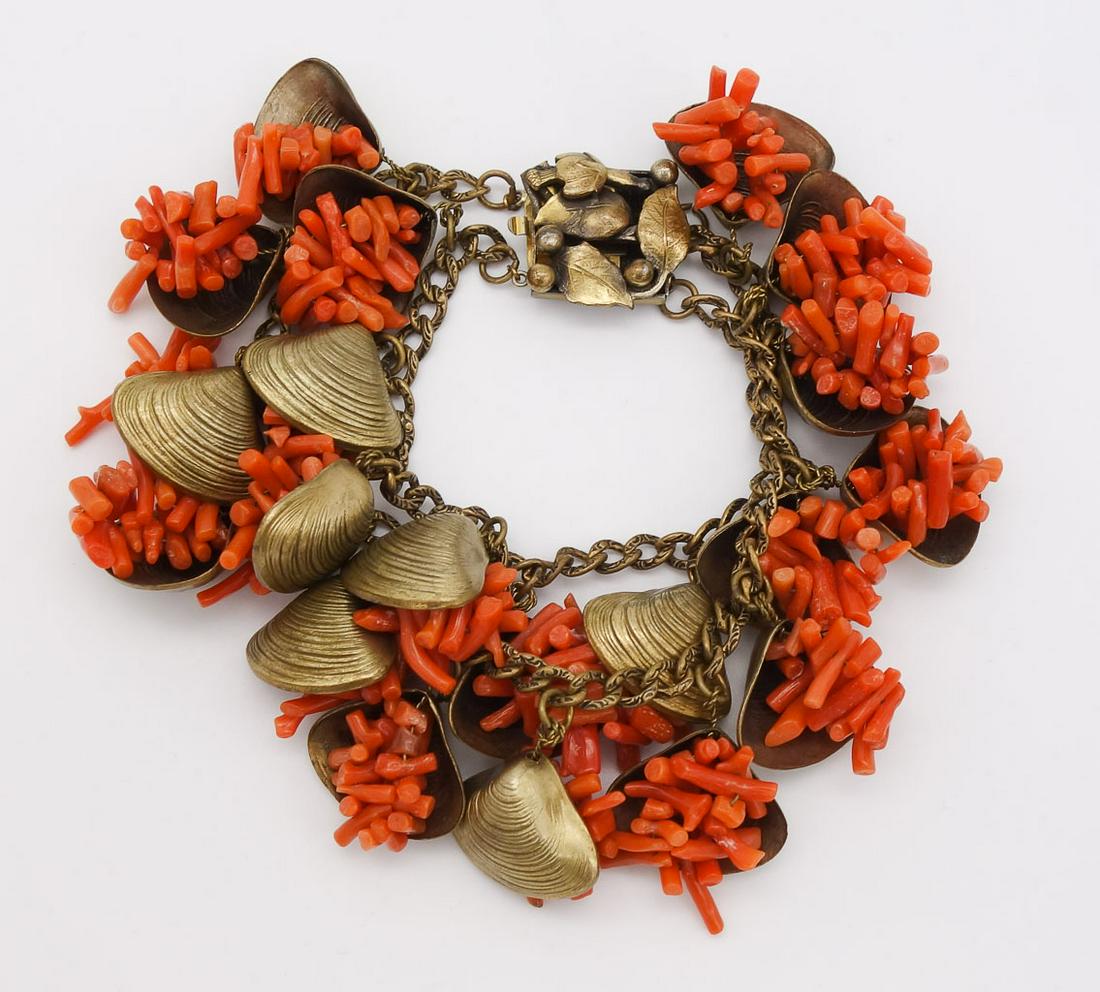 Antique Clam Shell Natural Red Coral Branch Double Strand Bracelet (1 of 3)