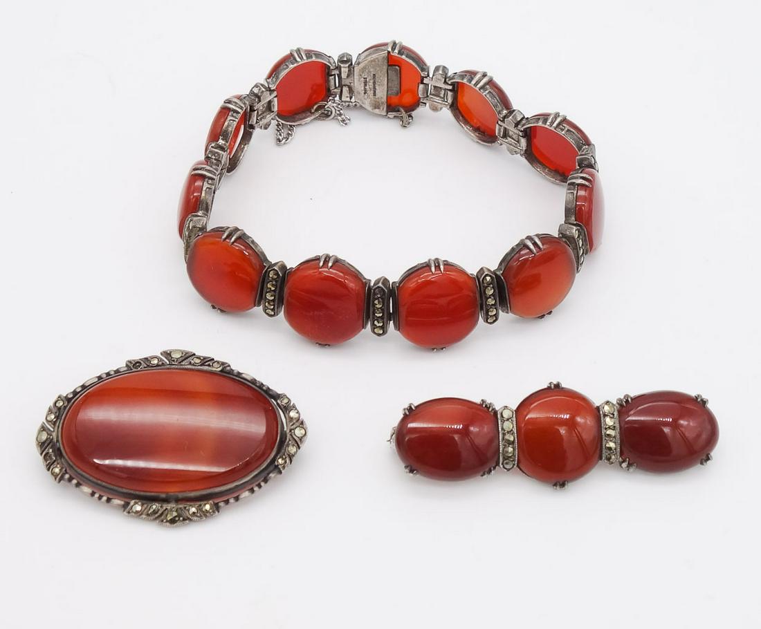 Antique Art Deco Sterling Silver Marcasite Carnelian Bracelet Brooch Pins Set (1 of 4)