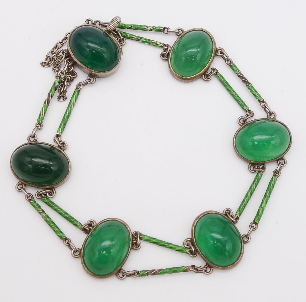 Antique French Art Deco 900 Silver Green Agate Cabochon Enamel Bracelet (1 of 4)