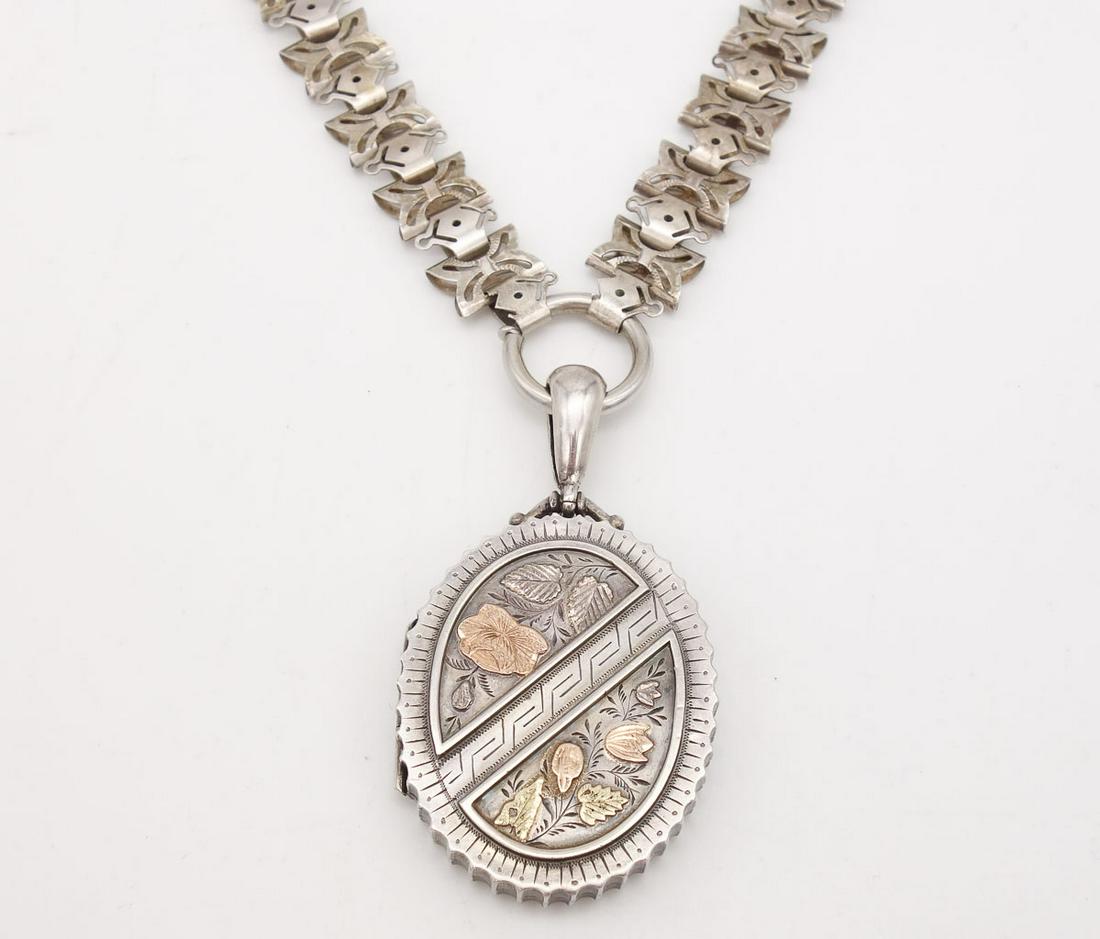 Antique Victorian Sterling Silver MC Gold Locket Necklace (1 of 7)