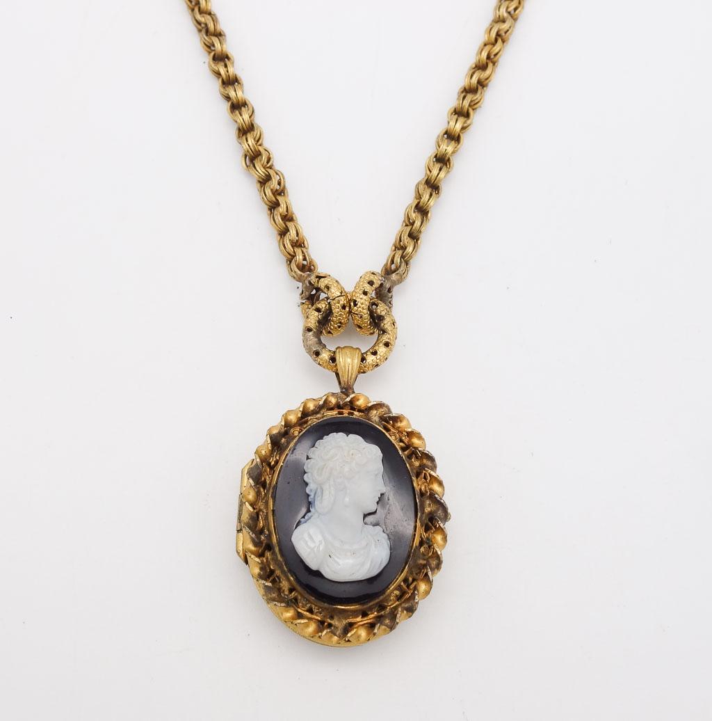 Antique Gold GF Filigree Ornate Victorian Carved Cameo Locket Necklace (1 of 5)
