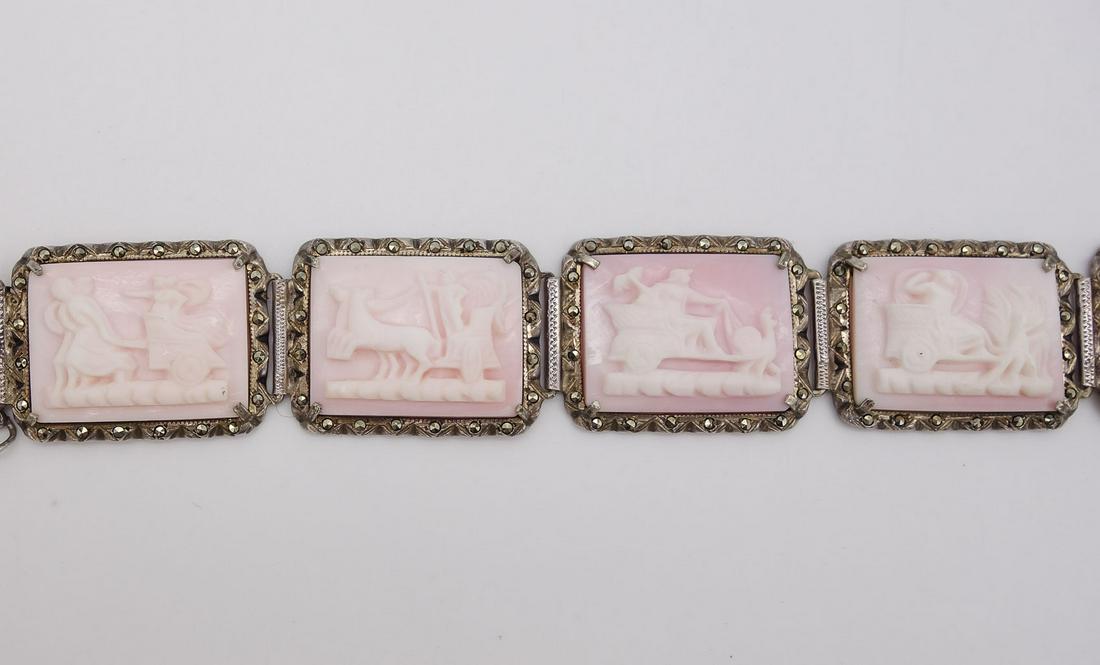 Antique 800 Silver Marcasite Carved Coral Cameo Classical Scene Panel Bracelet (1 of 3)