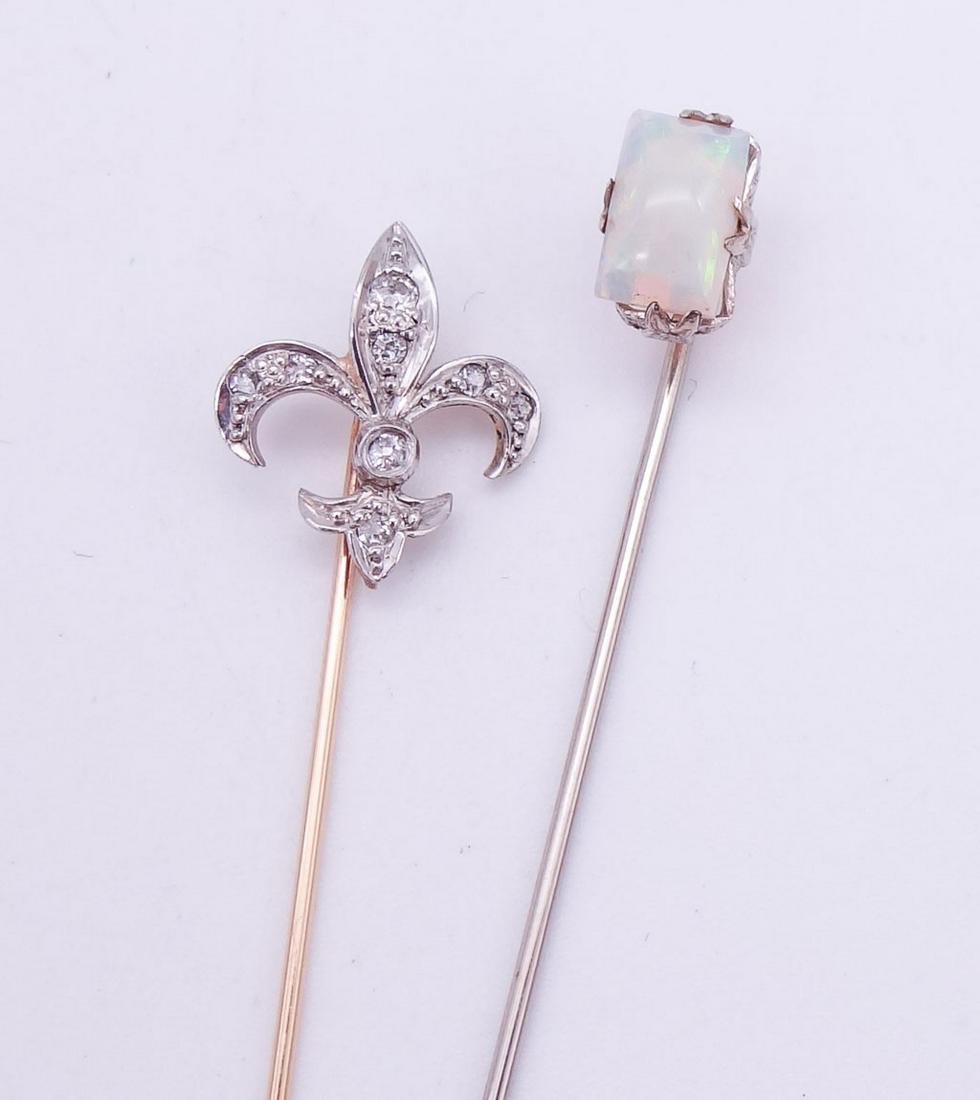 Antique 14K Gold and Platinum Diamond Fleur-de-lis Opal Stickpins (1 of 3)