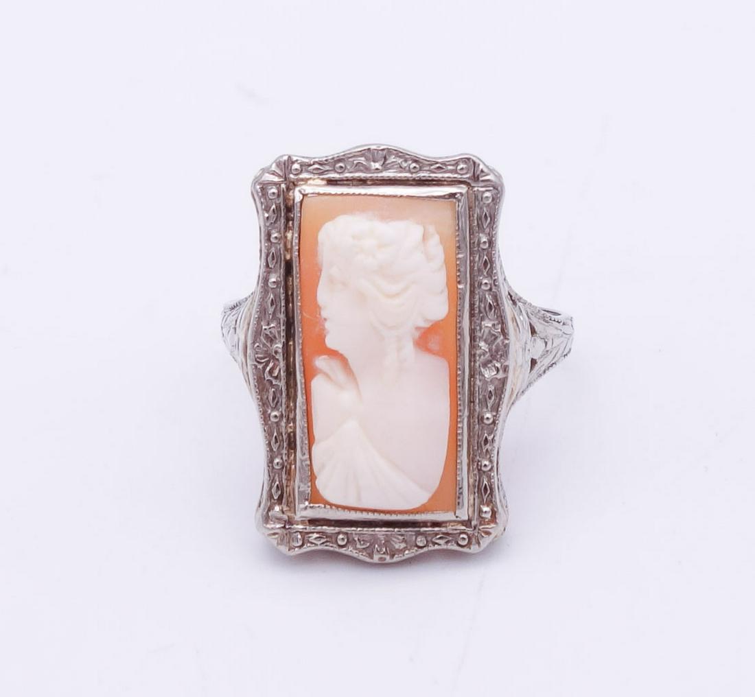 Antique 14K White Gold Filigree Art Deco Cameo Ring Size 7 (1 of 4)