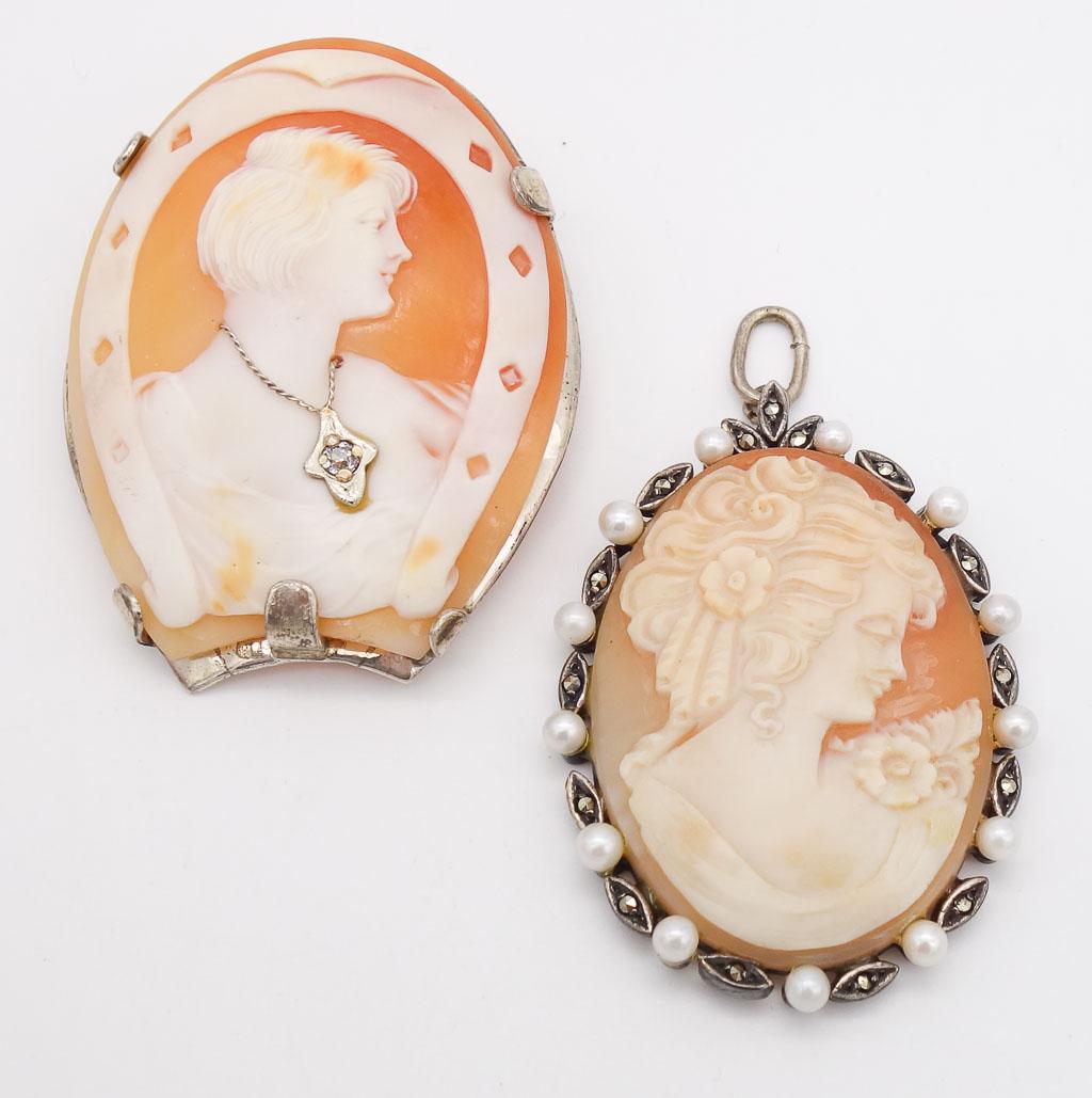 Antique Lot of 2 Carved Cameos w Diamonds, Horseshoe, Pearls, Marcasite (1 of 2)