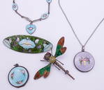 Antique Lot 5 Sterling Silver Enamel Jewelry incl Dragonfly, Lockets, Pin, Bracelet