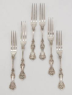 Antique Set 6 Sterling Silver Whiting Pompadour Strawberry Forks: This is an antique set of six sterling silver strawberry forks by the Whiting Manufacturing Company. The set is decorated in the classic "Pompadour" pattern first introduced in 1895. No monograms. 