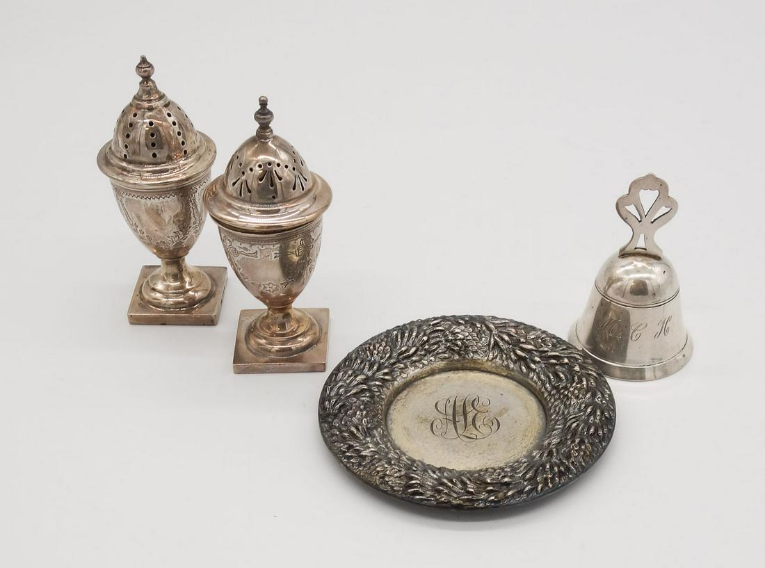 Antique Sterling Silver Lot incl Adams Style Salt Pepper Shakers, Tray, Servants Bell (1 of 7)