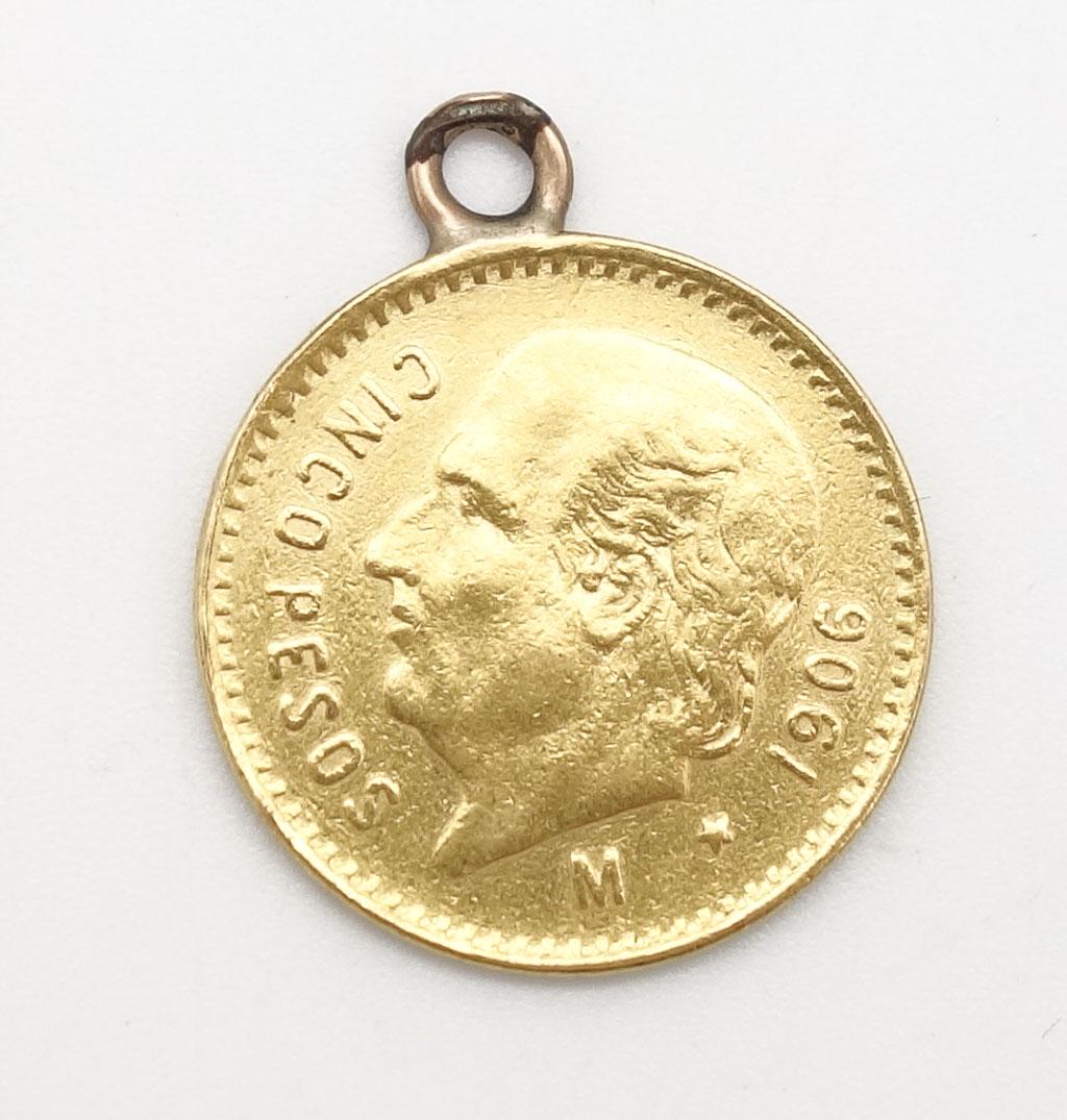 1906 Mexican 5 Peso Gold Coin Engraved Love Charm: This is an antique Mexican 1906 gold coin engraved love token charm. 19mm diameter. 3.8g total weight