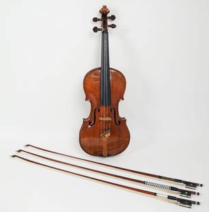 Antique 18c French Full Size 4/4 Violin 3 Bows and Many Extra Supplies: This is an antique French 18th century full size violin. No interior label. The cased violin is accompanied by three bows and many extra parts and accessories. The bows include the following: John