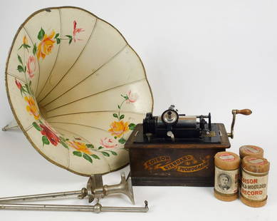 Antique Edison Standard Cylinder Player Phonograph w Many Song Rolls, Morning Glory Horn: This is an antique Edison Standard phonograph cylinder player dating to the 19th century. The wooden cased player is accompanied by a Morning Glory style horn and more than 50 rolls. Please use the