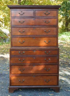 Antique Chest on Chest Secretary Desk Chest w Dovetail Joints: This is an antique 19th century chest on chest set of drawers with a pull out secretary desk at the center. Dovetail joints. 77" H x 45 3/8" W at base x 22 1/4" max depth at base