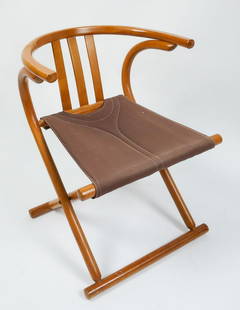 Thonet Style Mid Century Modern Bentwood Folding Chair: This is a vintage Mid Century Modern bentwood folding chair in the Thonet style. The chair features a padded mauve padded canvas seat. 26" tall x 19 1/2" across the front of the seat. The seat depth