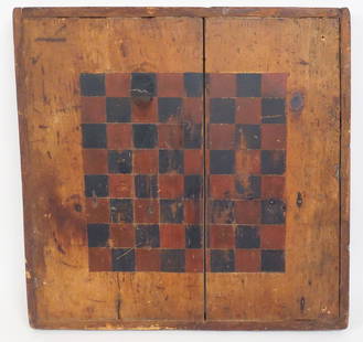 Antique American Folk Art Upstate NY Adirondacks Checkerboard: This is an antique American Upstate New York Adirondack folk art wooden hand painted checkerboard. 19 1/4 x 19 3/4 1 5/8"