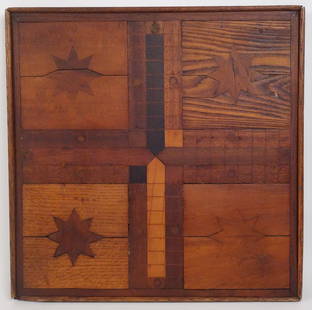 Antique American Folk Art Upstate NY Adirondacks Inlay Parcheesi Game Board: This is an antique American Upstate New York Adirondack folk art wooden inlay Parcheesi game board. 24 3/4 x 24 3/4"