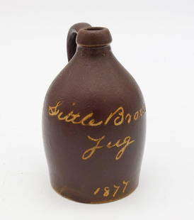 Antique Miniature 1877 Folk Art Pottery Little Brown Jug: This is an antique folk art miniature "Little Brown Jug" dated to 1877. 3 1/8" tall x 1 7/8" max diameter. 