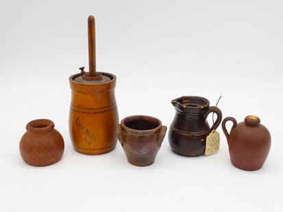 Antique Group Miniature Folk Art Pottery and Treenwood Butter Churn: This is an antique group of four miniature pottery crocks and pitchers dating to the 19th century. The lot also includes a treenwood miniature butter churn, which was a souvenir of Lakewood, New