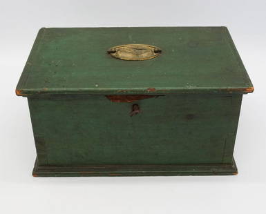 Antique American Dovetailed Original Green Paint Lock Box w Brass Eagle Handle: This is an antique American dovetailed joinery wooden lock box with the original green painted finish. Topped by a brass bald eagle motif handle. The locking mechanism is not functioning properly. 12