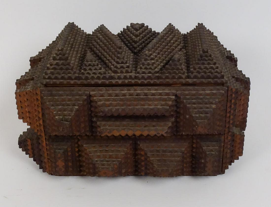 Antique 19c American Folk Art Tramp Chip Carved Box w Yale Cigar Box Interior (1 of 8)