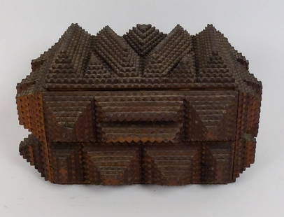 Antique 19c American Folk Art Tramp Chip Carved Box w Yale Cigar Box Interior: This is an antique American folk art tramp chip carved box with a Yale cigar box interior. Dating to the 19th century. 6 3/4" H x 11 1/2" L x 7 1/2" W.