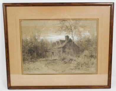 Original 1881 Signed Francis Hopkinson Smith Charcoal Drawing of Home of William Sidney Mount: This is an original signed charcoal drawing by artist Francis Hopkinson Smith (American, 1838 - 1915). The drawing depicts the home of another well-listed artist William Sidney Mount (American, 1807 -