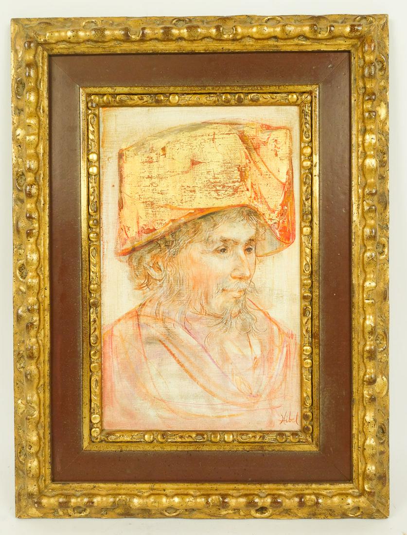 Signed Edna Hibel Original Oil Painting Portrait of Bearded Man in Hat (1 of 4)