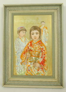 Signed Edna Hibel Original Portrait Painting on Porcelain Kimi-No: This is an original painting on porcelain by Edna Hibel (American, 1917 to 2014). The mid-century painting depicts three young children in traditional dress. Signed on the lower right corner. Framed.