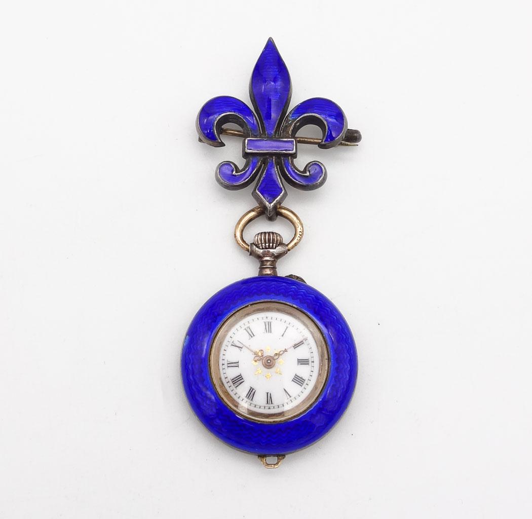 Antique Sterling Silver Blue Enamel Pendant Watch w Fleur de Lis Pin (1 of 5)