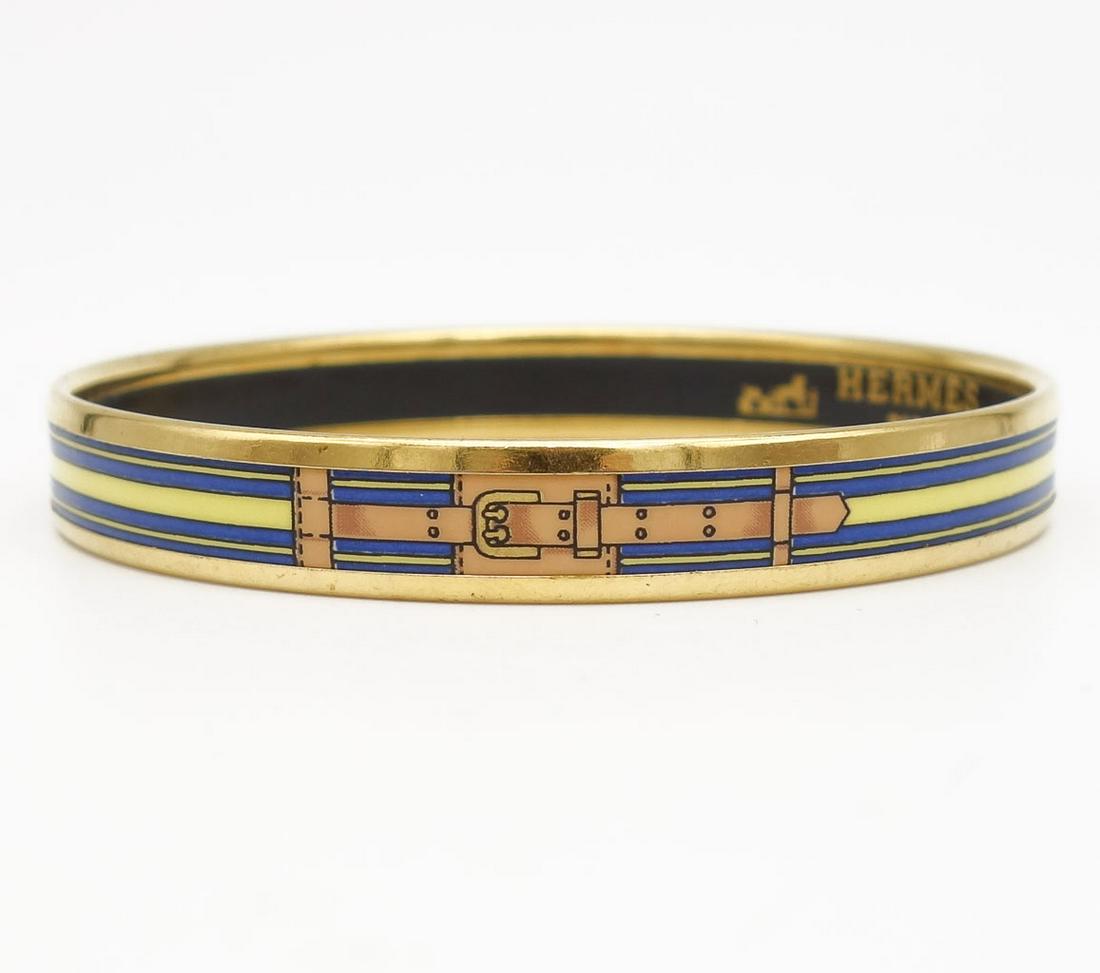 Vintage Designer Hermes Paris Blue Yellow Belt Motif Enamel Bangle Bracelet (1 of 5)