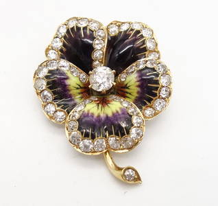 Antique 19c 14K Gold Enamel Diamond Pansy Flower Brooch Pin