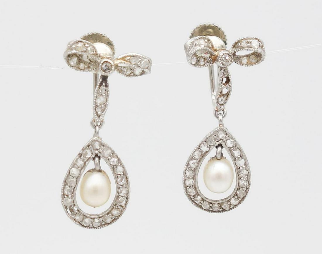 Antique Pair Platinum Diamond Pearl Bow Drop Earrings (1 of 4)