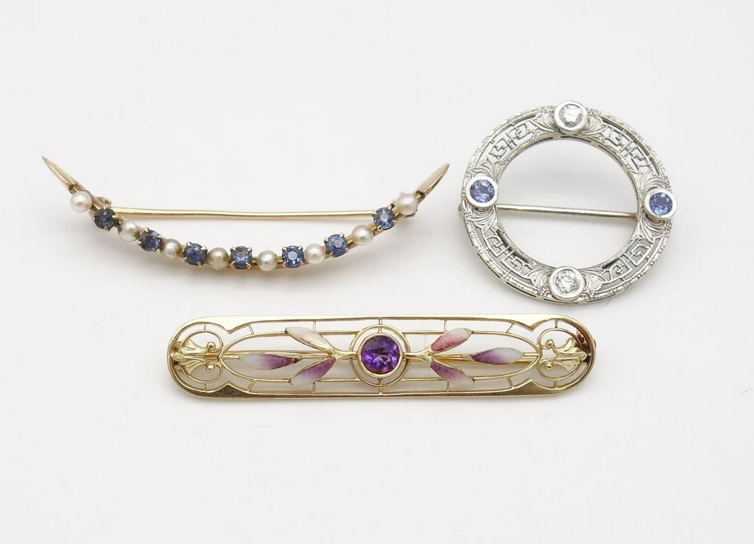 Antique Lot of 3 Gold Sapphire Diamond Seed Pearl Pins incl Art Nouveau Enamel Pins (1 of 2)
