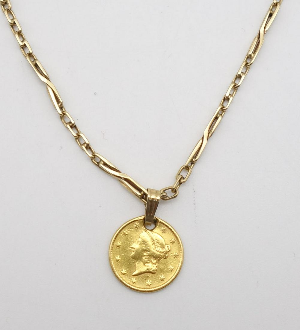 Antique US 1853 One Dollar Gold Piece Pendant on 14K Gold Necklace (1 of 4)