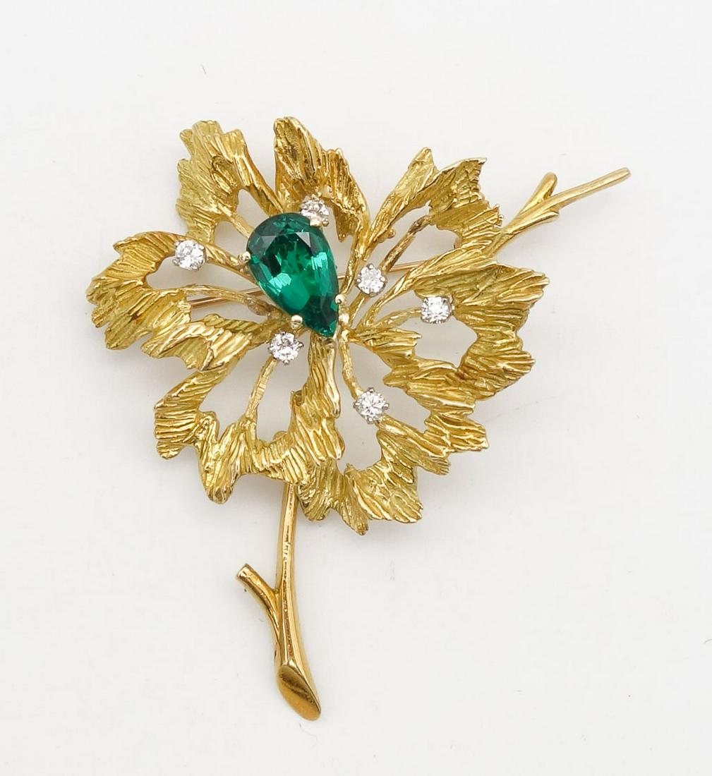 Vintage 18K Gold 1/3tcw Diamond Emerald Floral Brooch Pin (1 of 3)