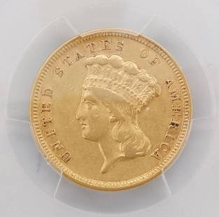 US $3 Gold Indian Princess 1854 Coin PCGS XF45: This is a United States PCGS Certified $3.00 Indian Princess gold coin minted in 1854. Graded as XF45. Numbered 7969.45/46114261. 3 1/4 x 2 1/2"