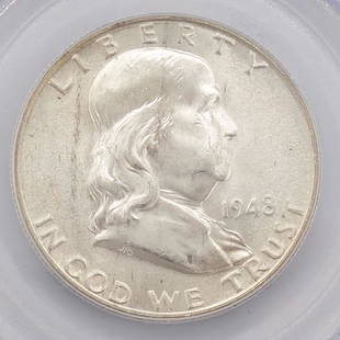 PCGS Certified 1948-D 50 Cent Silver Half Dollar Omaha Bank Hoard Series: 46, Coin:2 MS65FBL: This is a PCGS certified slabbed 1948-D Benjamin Franklin silver half dollar coin from the Omaha Bank Hoard. It is graded as MS65FBL. Series: 46. Coin: 2. Numbered 86652.65/73626865. The slab is 3