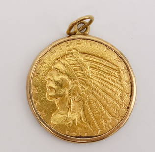 Antique US 1911 Indian Head Gold $5 Half Eagle Coin Pendant Charm: This is an antique United States 1911 Indian Head gold $5 half eagle coin with a soldered bale and 10K gold frame so that it may be worn as a pendant or charm. 22.1mm diameter. It weighs a total of