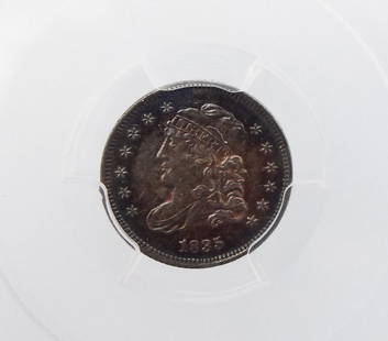 US 1835 Silver 5c Half Dime Coin Small Date, Large 5C PCGS MS62: This is a United States PCGS certified 5 cent half dime silver coin minted in 1835. Small date, Large 5C. Graded as MS62. Numbered 4284.62/46114251 3 1/4 x 2 1/2"