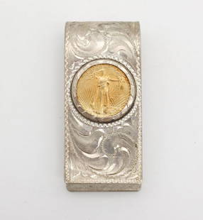 Vintage Smith Reno Sterling Silver Money Clip w $5 Gold Coin: This is a vintage sterling silver money clip made by Smith Enterprises of Reno, Nevada. The clip features a $5 gold coin decoration. 1 7/8 x 7/8". It weighs a total of 26g. 