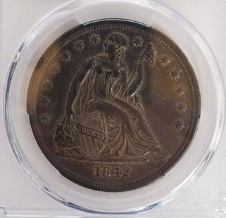 US 1842 Silver Seated Liberty Trade Dollar $1 Coin PCGS XF45: This is a United States certified PCGS $1 silver Seated Liberty trade dollar coin minted in 1842. Graded as XF45. Numbered 6928.45/46114255 3 1/4 x 2 1/2"