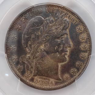 US 1894 Barber Silver 50 Cent Coin PCGS XF45: This is a United States PCGS Certified silver Barber half dollar 50 Cent coin minted in 1894. Graded as XF45. Numbered 6468.45/46114259. 3 1/4 x 2 1/2"