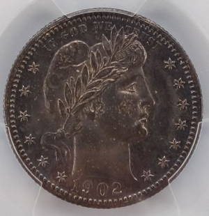 US 1902 Silver 25 Cent Barber Quarter PCGS: This is a United States PCGS Certified silver Barber quarter dollar 25 Cent coin minted in 1902. Numbered 5688.97/46114258. 3 1/4 x 2 1/2"