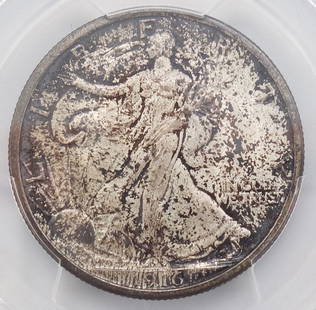 US 1916 Walking Liberty Silver 50 Cent Coin PCGS UNC Details: This is a United States PCGS Certified silver Walking Liberty half dollar 50 Cent coin minted in 1916. Numbered 6566.97/46114260. 3 1/4 x 2 1/2"