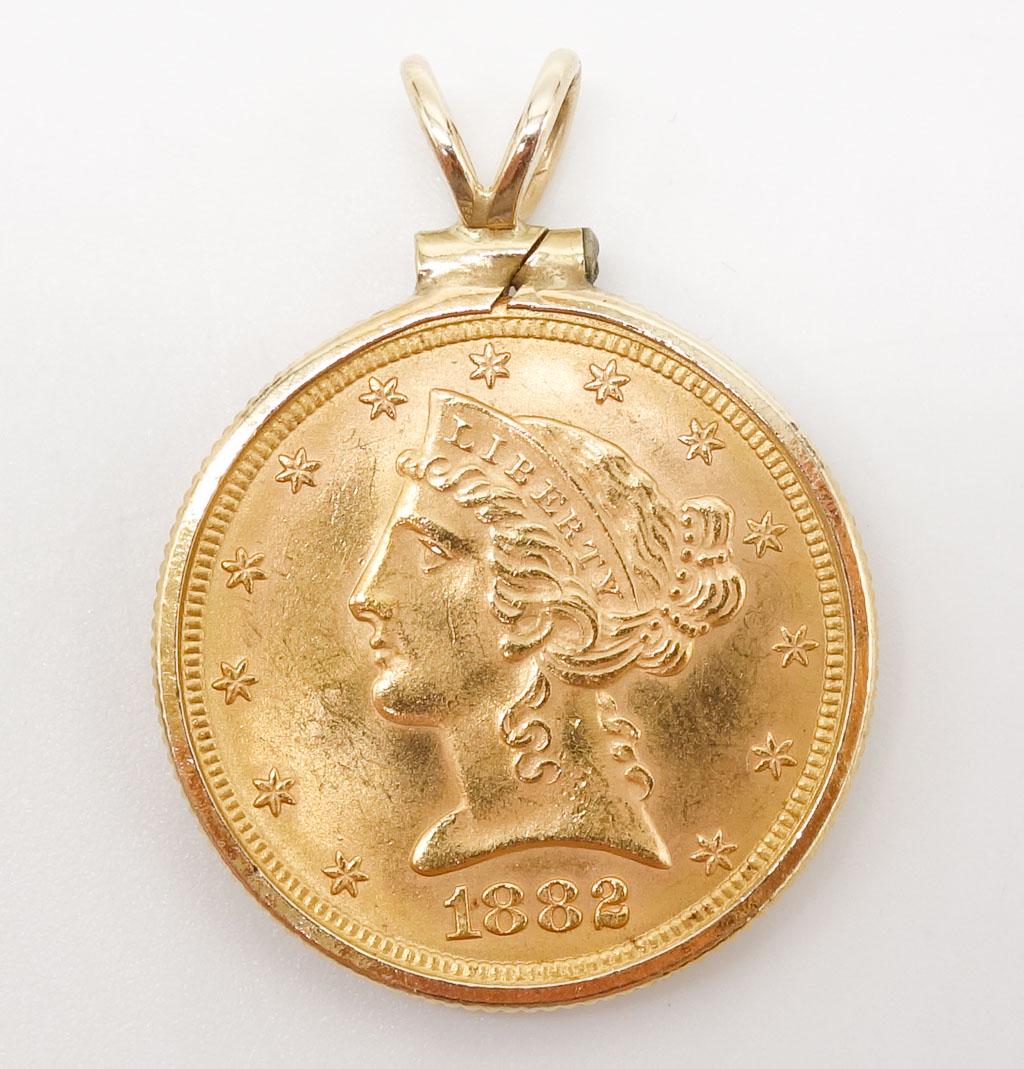 US $5 Gold 1882 Liberty Coin Necklace Pendant (1 of 2)