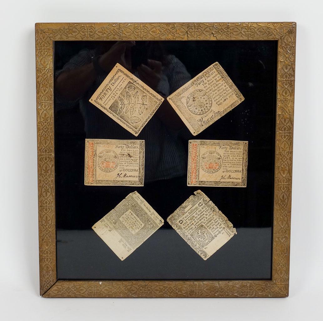 Framed Group of 6 Continental Currency Notes incl $40 2 Shillings CT (1 of 9)