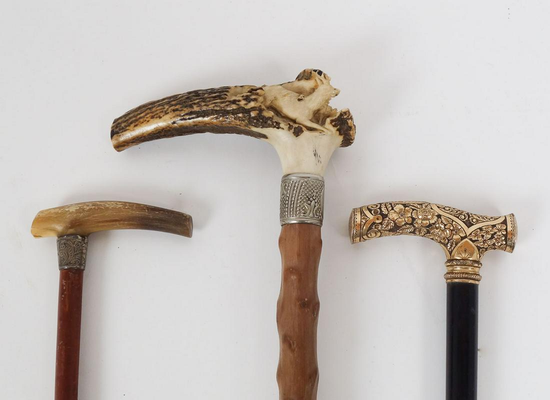 Antique 3 Walking Sticks Canes incl Carved Stag Antler, Knights of Pythias, English Sterling Silver (1 of 16)